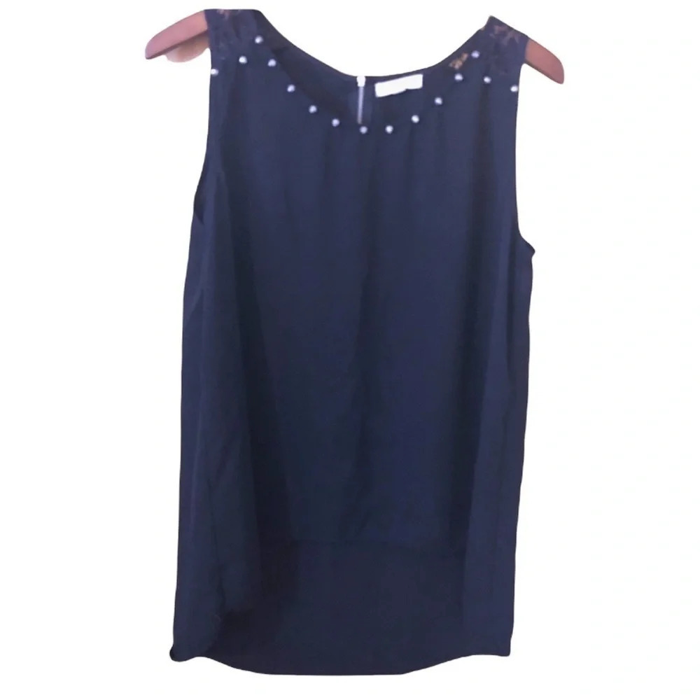 Pearl Black Silver Studded Lace Tank Top Cami sleek Professional Layering Basic